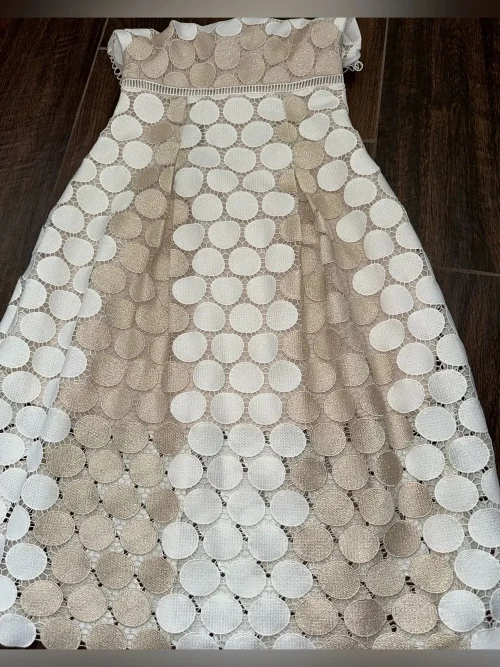 Shoshanna Glengarry Ivory Metallic Gold Circle Lace Midi Cocktail Dress